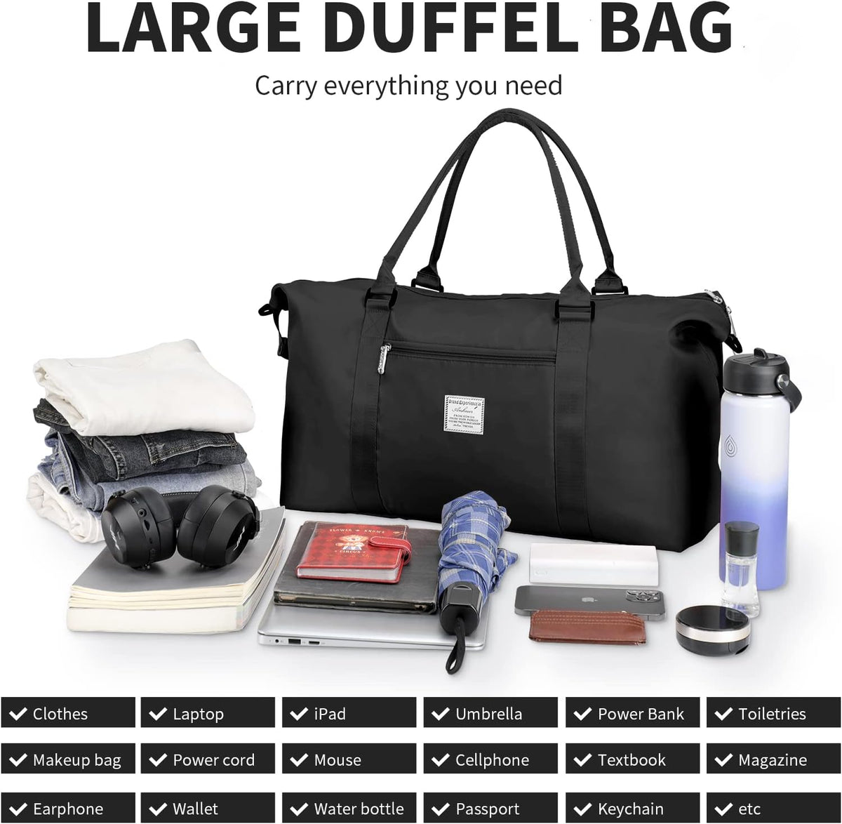 Large Duffle Bag for Travel, Sports Gym Tote Bag for Women, Carry on Overnight Bag with Luggage Sleeve for Airplanes, Shoulder Weekender Bags Hospital Bag (Black)