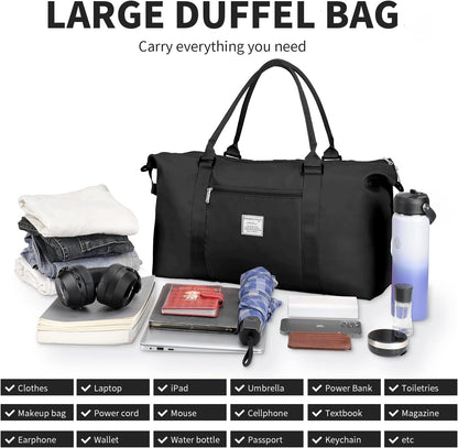Large Duffle Bag for Travel, Sports Gym Tote Bag for Women, Carry on Overnight Bag with Luggage Sleeve for Airplanes, Shoulder Weekender Bags Hospital Bag (Black)