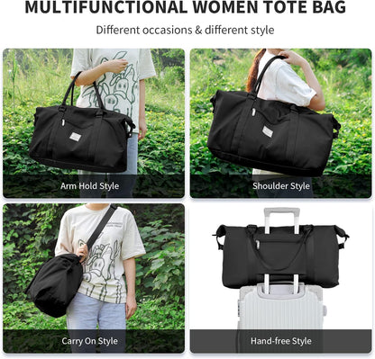 Large Duffle Bag for Travel, Sports Gym Tote Bag for Women, Carry on Overnight Bag with Luggage Sleeve for Airplanes, Shoulder Weekender Bags Hospital Bag (Black)