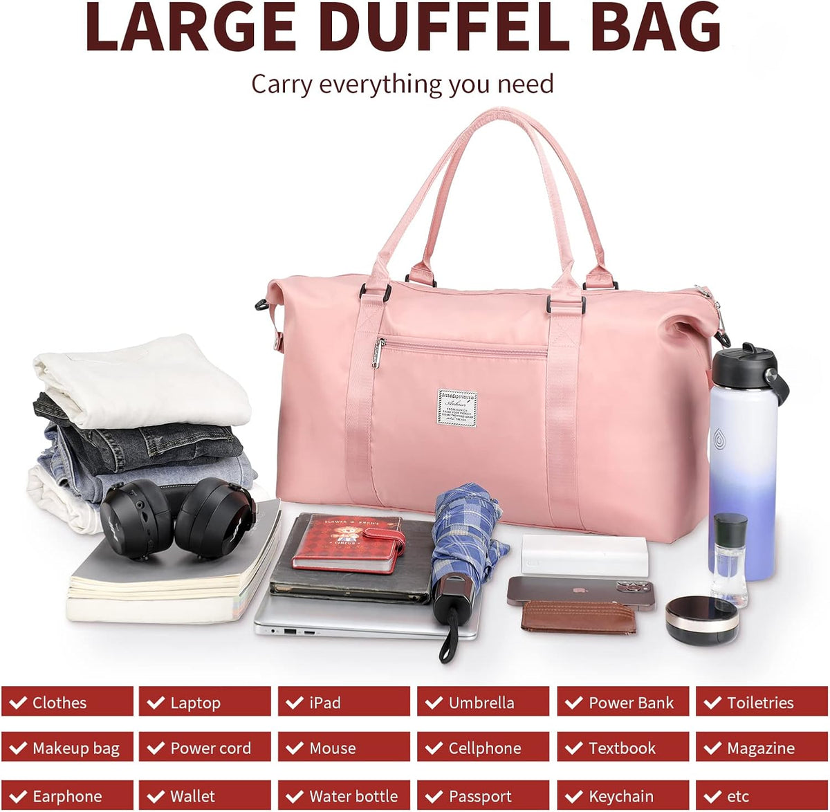Large Duffle Bag for Travel, Sports Gym Tote Bag for Women, Carry on Overnight Bag with Luggage Sleeve for Airplanes, Shoulder Weekender Bags Hospital Bag (Black)