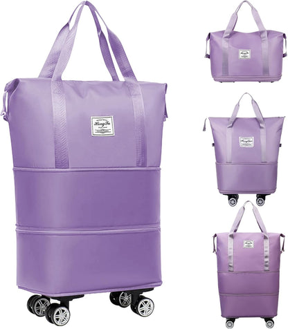 Rolling Duffle Bag with Detachable Wheels Expandable Foldable Duffle Bag for Travel Luggage bag Carry on Weekend Travel Bag (Purple)