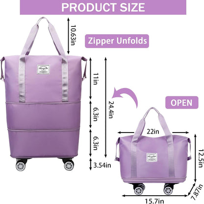 Rolling Duffle Bag with Detachable Wheels Expandable Foldable Duffle Bag for Travel Luggage bag Carry on Weekend Travel Bag (Purple)