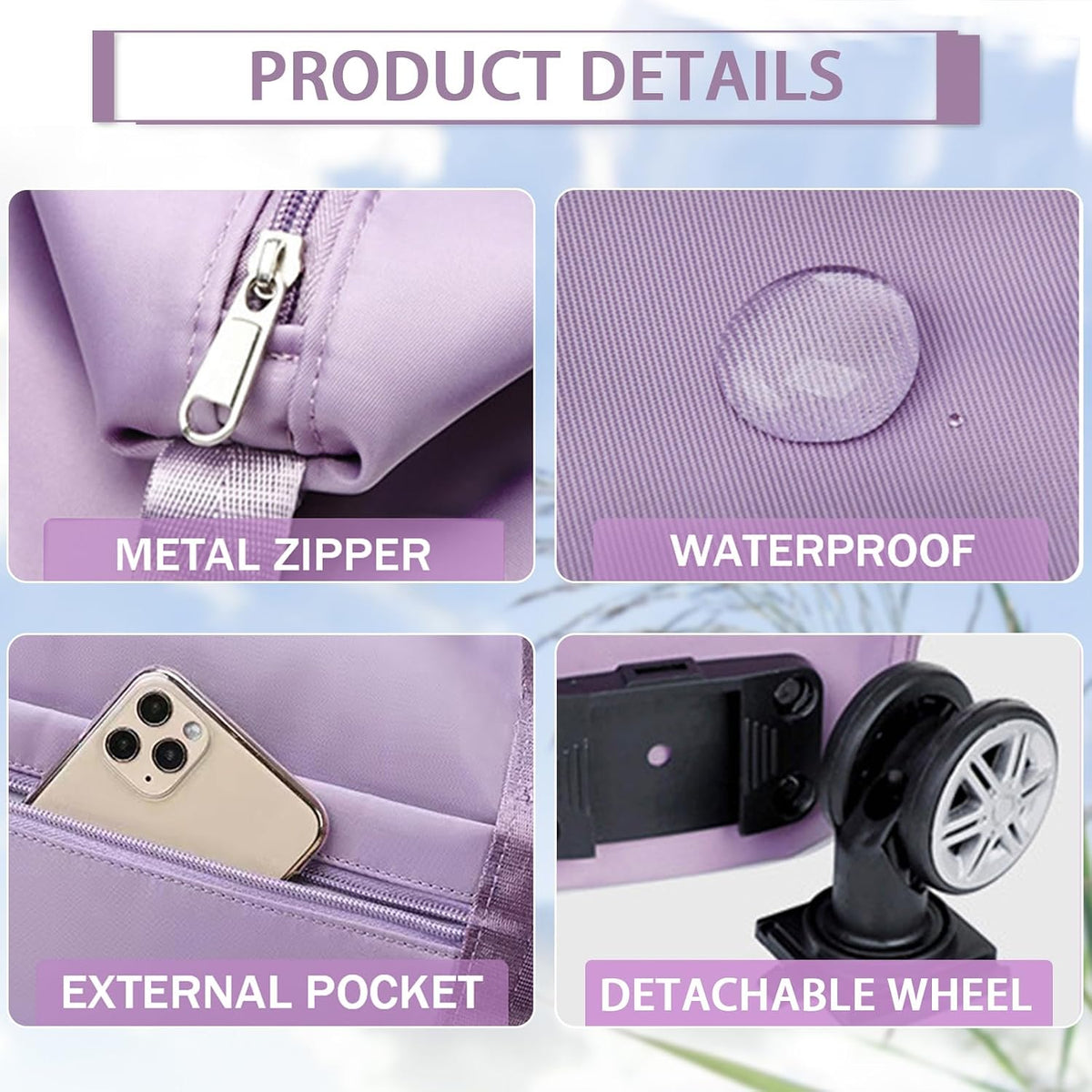 Rolling Duffle Bag with Detachable Wheels Expandable Foldable Duffle Bag for Travel Luggage bag Carry on Weekend Travel Bag (Purple)