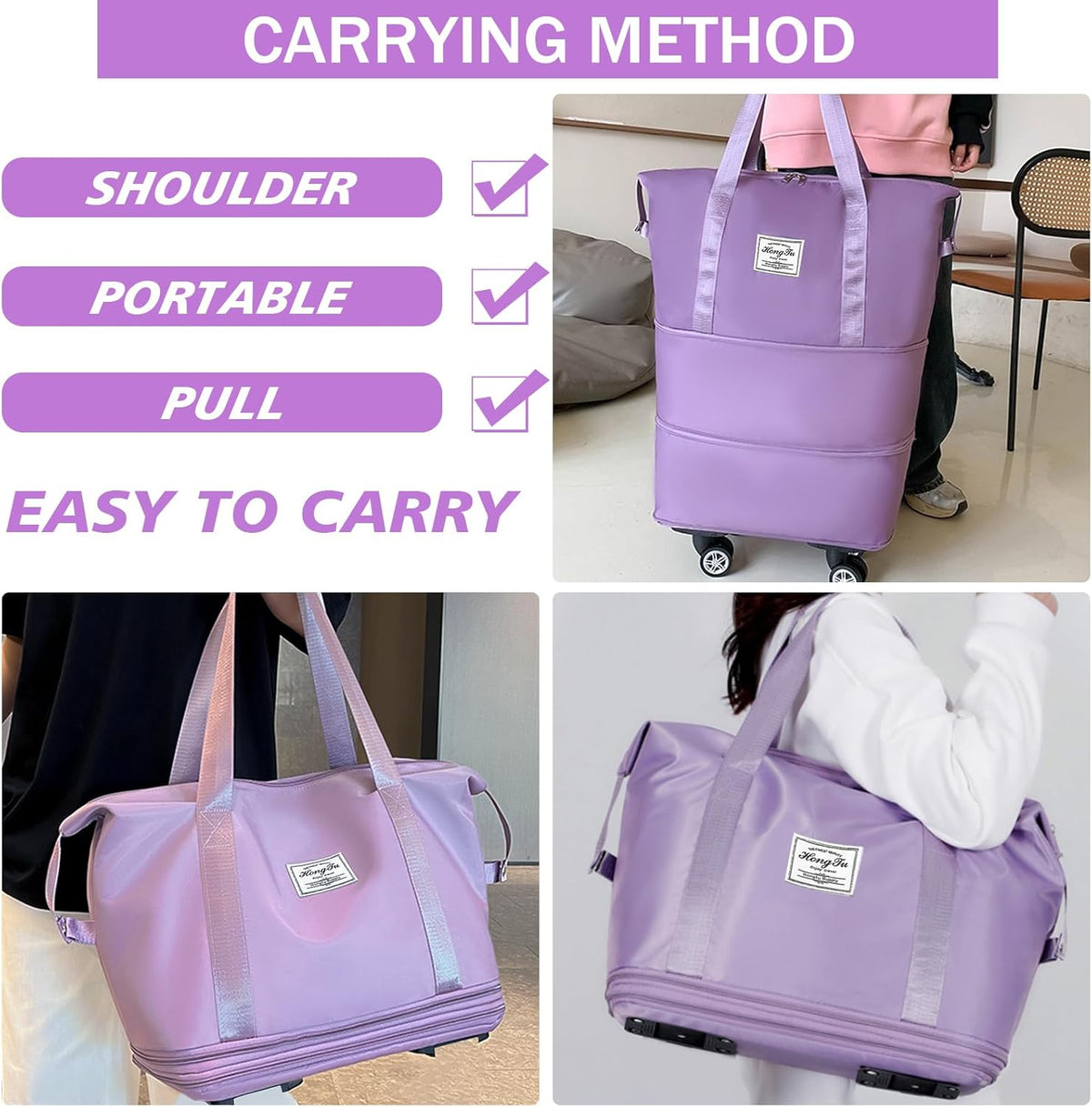 Rolling Duffle Bag with Detachable Wheels Expandable Foldable Duffle Bag for Travel Luggage bag Carry on Weekend Travel Bag (Purple)