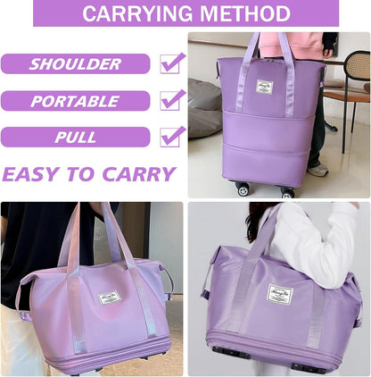 Rolling Duffle Bag with Detachable Wheels Expandable Foldable Duffle Bag for Travel Luggage bag Carry on Weekend Travel Bag (Purple)