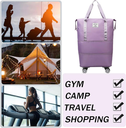 Rolling Duffle Bag with Detachable Wheels Expandable Foldable Duffle Bag for Travel Luggage bag Carry on Weekend Travel Bag (Purple)
