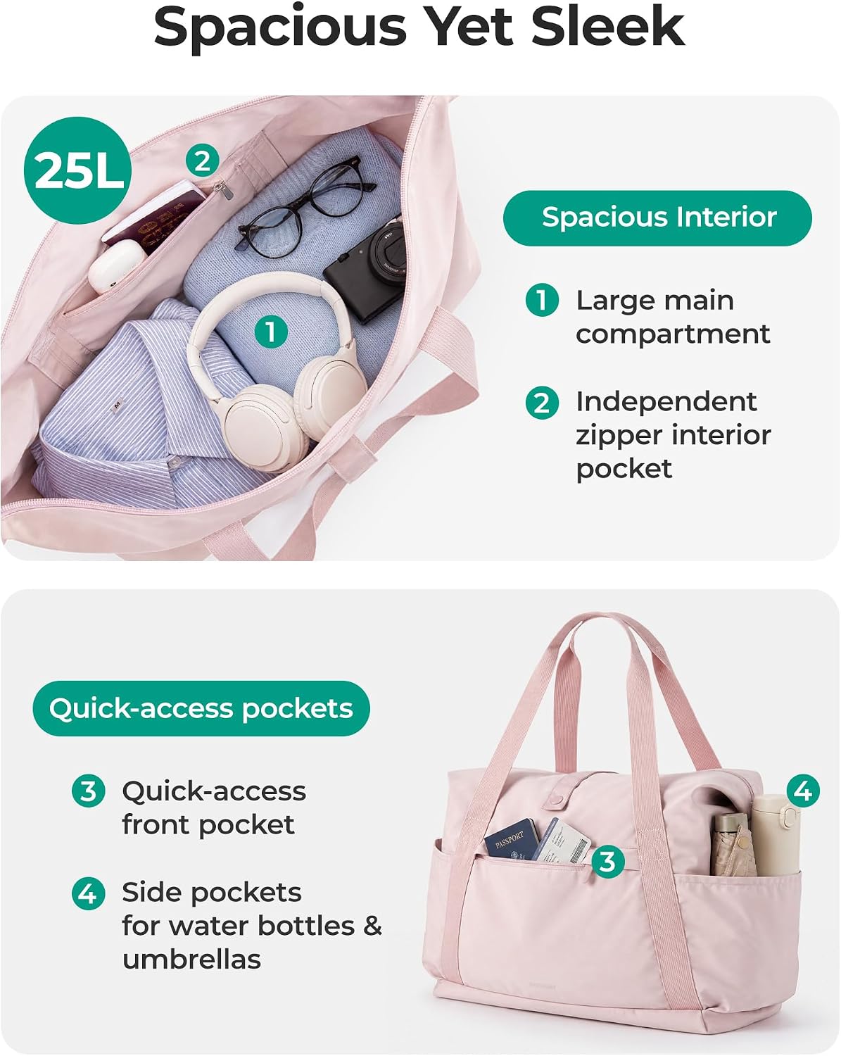 Foldable Duffle Bag for Travel, 25L Personal Item Travel Bag, Carry on Duffel Bag for Travel Essentials, Lightweight Gym Bag for Women, Weekender Bags for Women, Water Resistant