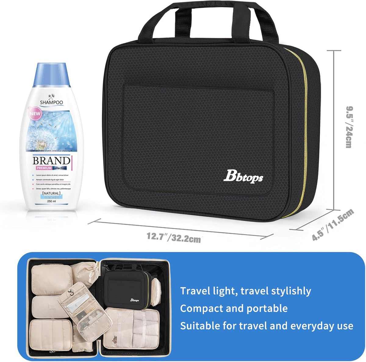 Bbtops Toiletry Bag for Women, Large Hanging Travel Toiletry Bag with Hanging Hook,Water-resistant Makeup Bag Cosmetic Organizer for Full Sized Toiletries, Accessories(Black)