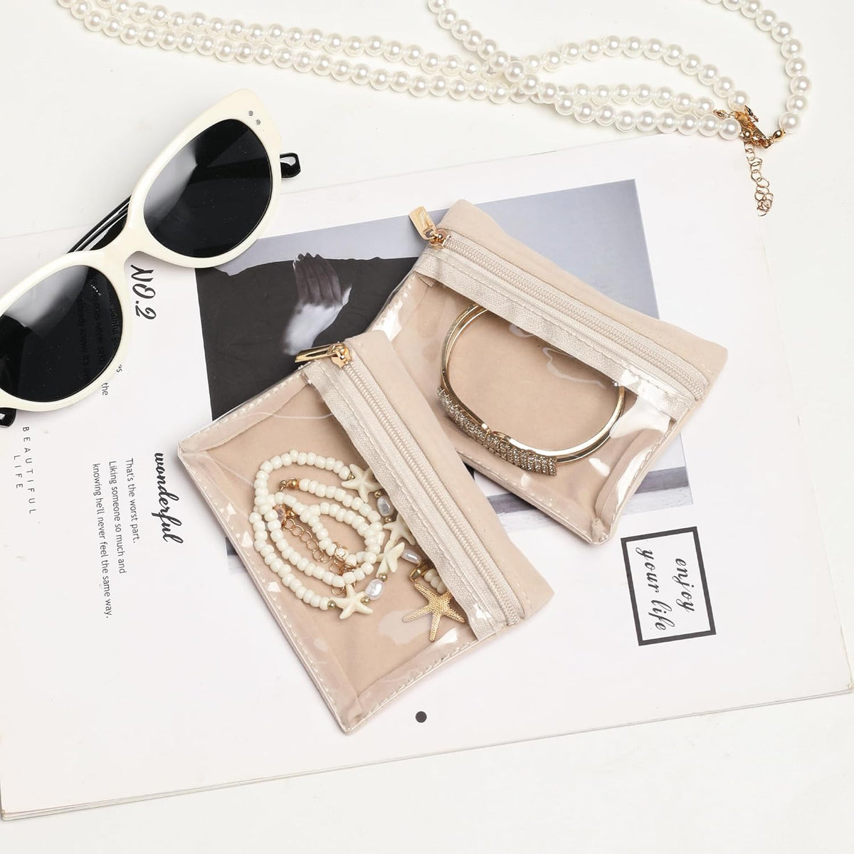 Travel Jewelry Case for Women,Small Jewelry Box with 6 Pouches | Portable Jewelry Bag,Travel Accessories,Tangle-free,Visualization Design for Rings, Earrings, Necklace,Smooth Metal Zipper