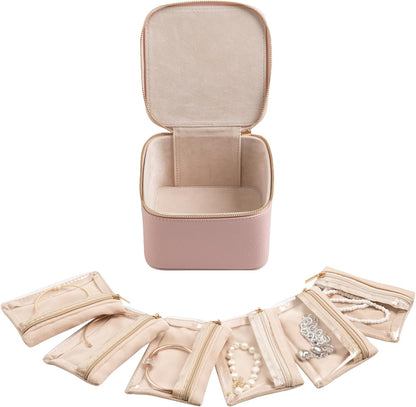 Travel Jewelry Case for Women,Small Jewelry Box with 6 Pouches | Portable Jewelry Bag,Travel Accessories,Tangle-free,Visualization Design for Rings, Earrings, Necklace,Smooth Metal Zipper