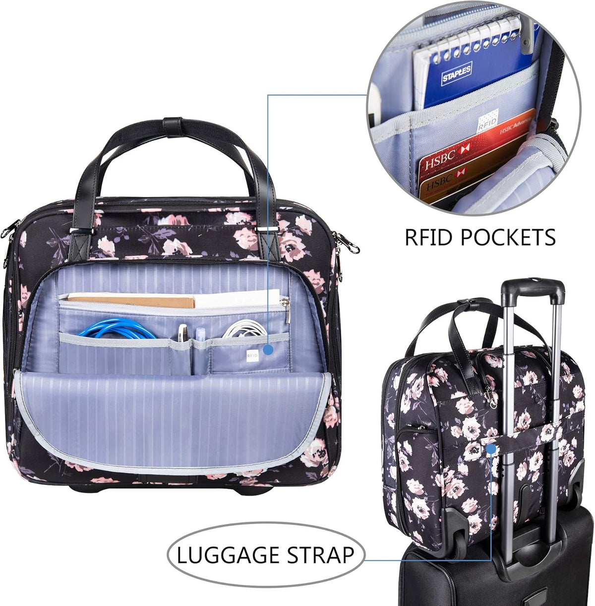 Rolling Laptop Bag Premium Rolling Laptop Briefcase Computer Bag Fits Up to 15.6 Inch Laptop Overnight Bag with RFID Pockets for Travel/Business/Women