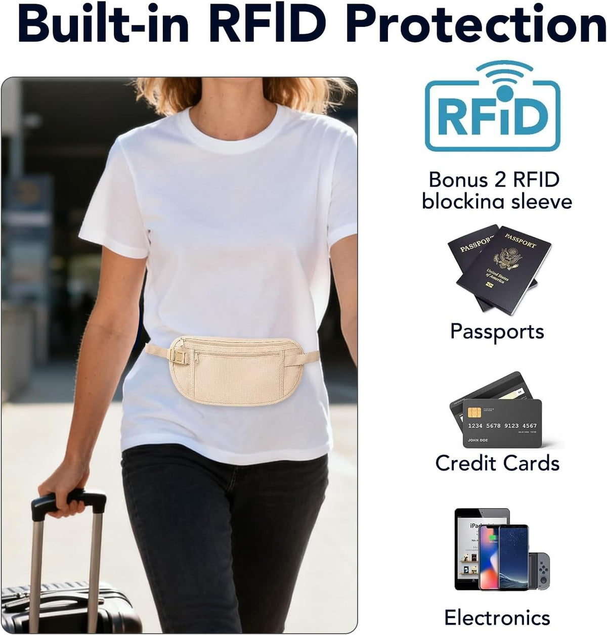 Money Belt for Travel with Anti-Theft RFID Blocking Cards Cover, Phone Wrist Strap, Passport Holder, Slim Waist Wallet Men Women, Money Pouch under Clothes for Travel, Running, Hiking, Beige