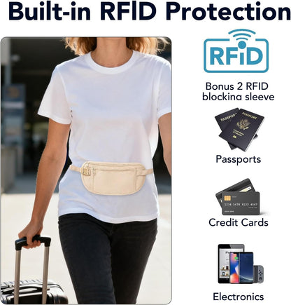 Money Belt for Travel with Anti-Theft RFID Blocking Cards Cover, Phone Wrist Strap, Passport Holder, Slim Waist Wallet Men Women, Money Pouch under Clothes for Travel, Running, Hiking, Beige