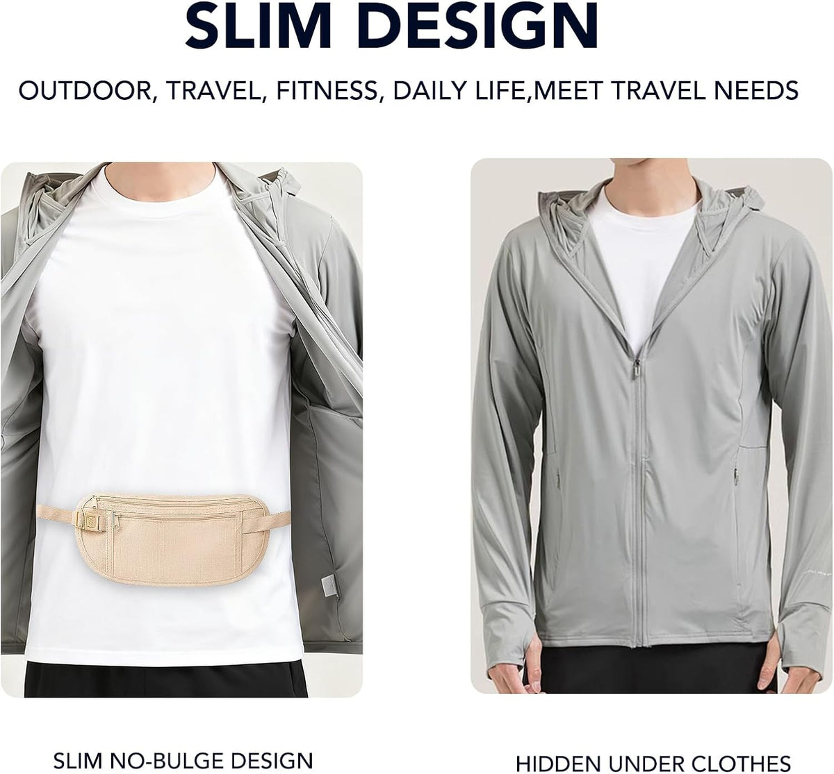 Money Belt for Travel with Anti-Theft RFID Blocking Cards Cover, Phone Wrist Strap, Passport Holder, Slim Waist Wallet Men Women, Money Pouch under Clothes for Travel, Running, Hiking, Beige