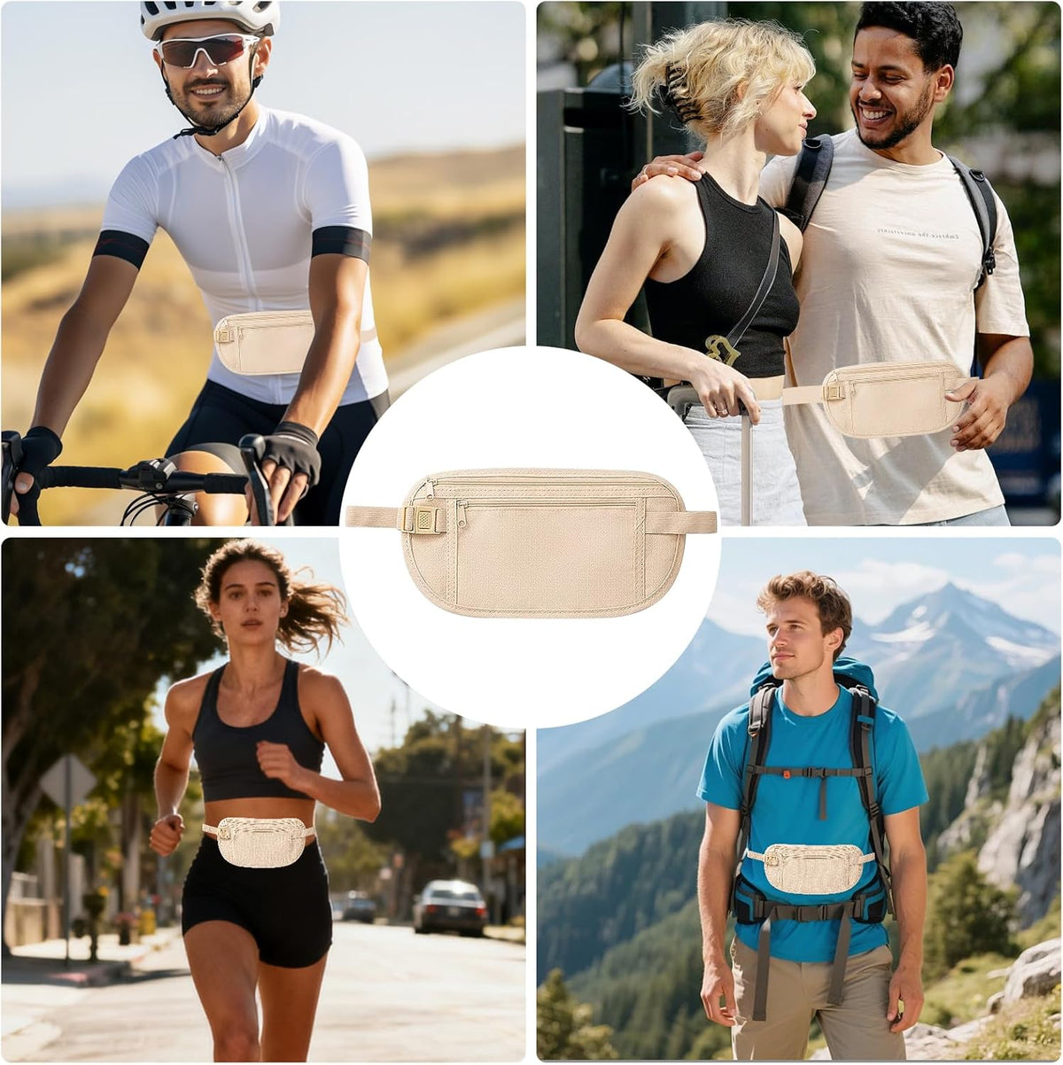 Money Belt for Travel with Anti-Theft RFID Blocking Cards Cover, Phone Wrist Strap, Passport Holder, Slim Waist Wallet Men Women, Money Pouch under Clothes for Travel, Running, Hiking, Beige