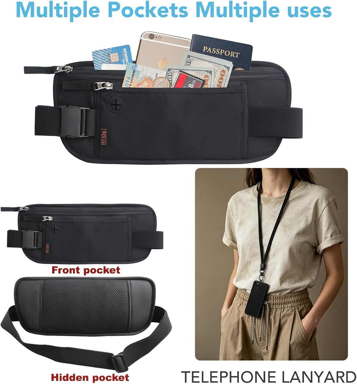 Money Belt for Travel with Anti-Theft RFID Blocking Cards Cover, Phone Wrist Strap, Passport Holder, Slim Waist Wallet Men Women, Money Pouch under Clothes for Travel, Running, Hiking, Beige