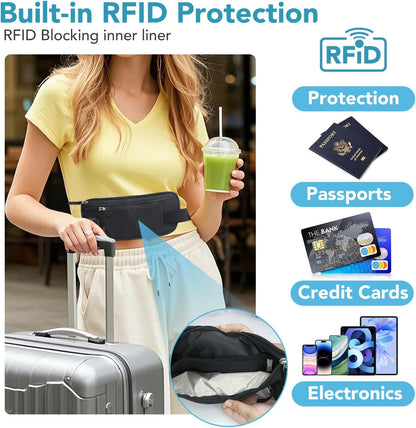 Money Belt for Travel with Anti-Theft RFID Blocking Cards Cover, Phone Wrist Strap, Passport Holder, Slim Waist Wallet Men Women, Money Pouch under Clothes for Travel, Running, Hiking, Beige
