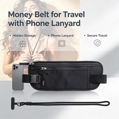Money Belt for Travel with Anti-Theft RFID Blocking Cards Cover, Phone Wrist Strap, Passport Holder, Slim Waist Wallet Men Women, Money Pouch under Clothes for Travel, Running, Hiking, Beige