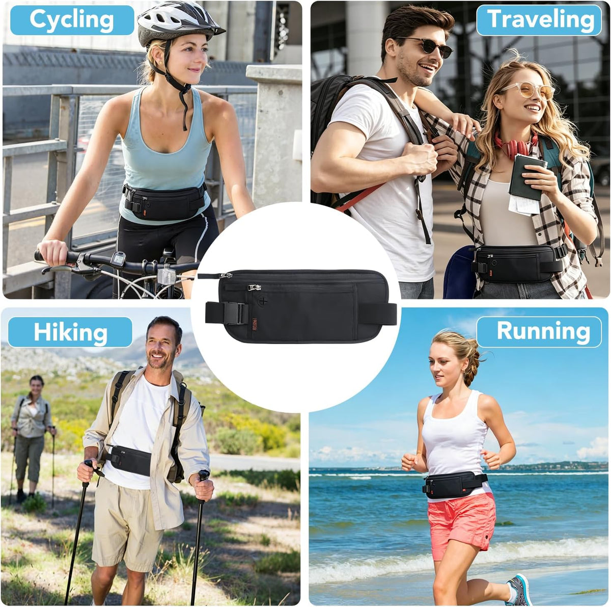 Money Belt for Travel with Anti-Theft RFID Blocking Cards Cover, Phone Wrist Strap, Passport Holder, Slim Waist Wallet Men Women, Money Pouch under Clothes for Travel, Running, Hiking, Beige