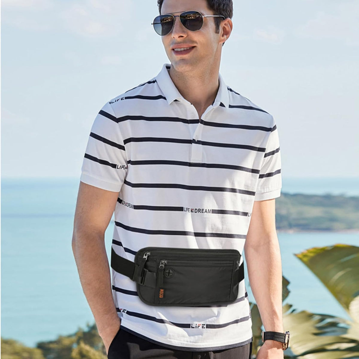 Money Belt for Travel with Anti-Theft RFID Blocking Cards Cover, Phone Wrist Strap, Passport Holder, Slim Waist Wallet Men Women, Money Pouch under Clothes for Travel, Running, Hiking, Beige