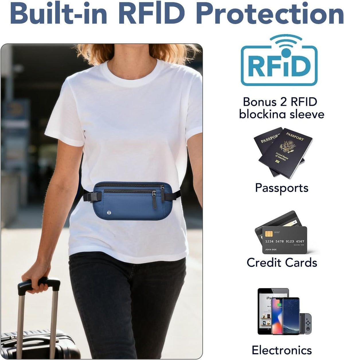 Money Belt for Travel with Anti-Theft RFID Blocking Cards Cover, Phone Wrist Strap, Passport Holder, Slim Waist Wallet Men Women, Money Pouch under Clothes for Travel, Running, Hiking, Beige
