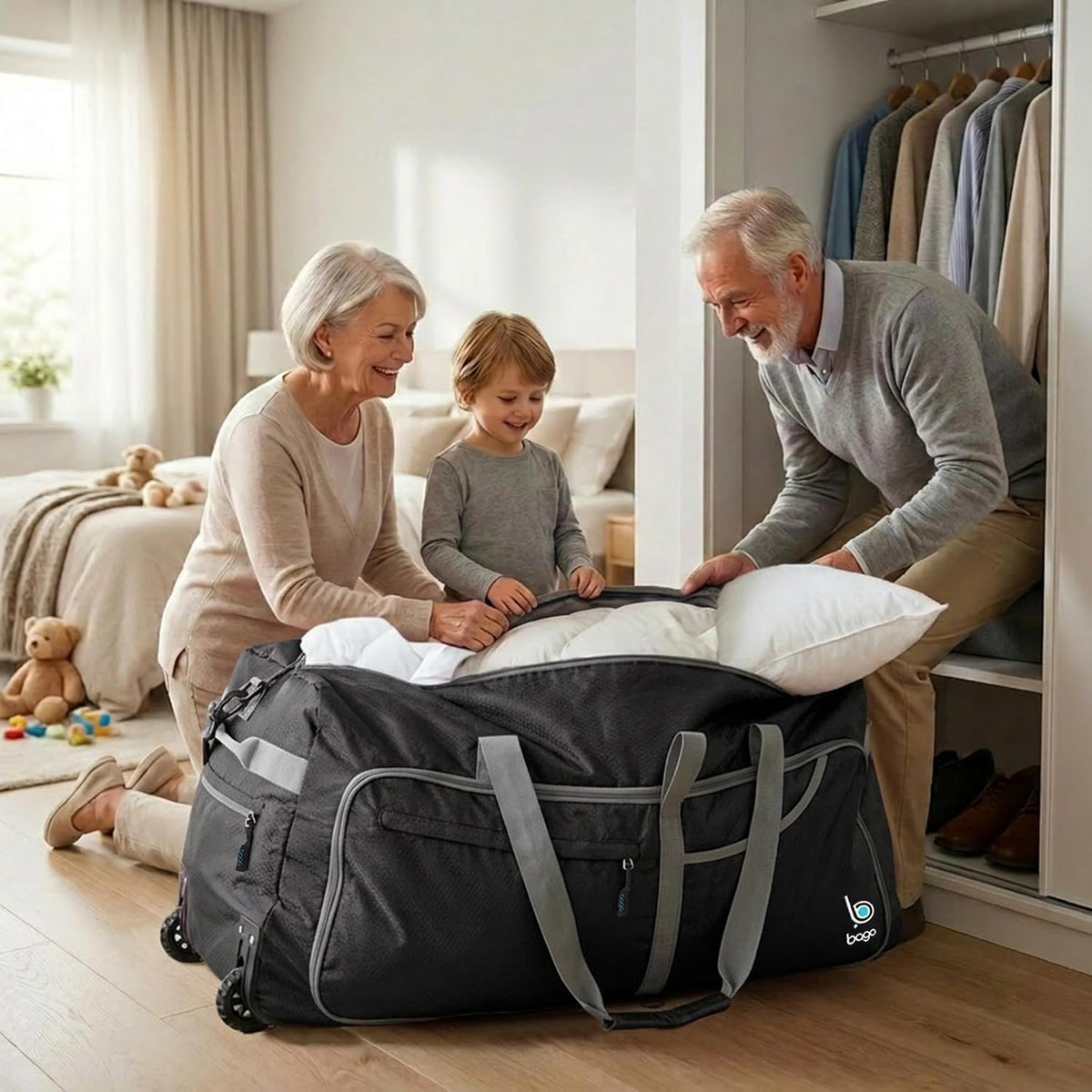 Bago Rolling Duffle Bag with Wheels - 27" 80L Foldable Weekender Bag, Waterproof Travel Duffel Bag, Heavy Duty Lightweight Duffle Bag for Traveling, Rolling Duffel Bag with Wheels (SnowBlack2023)