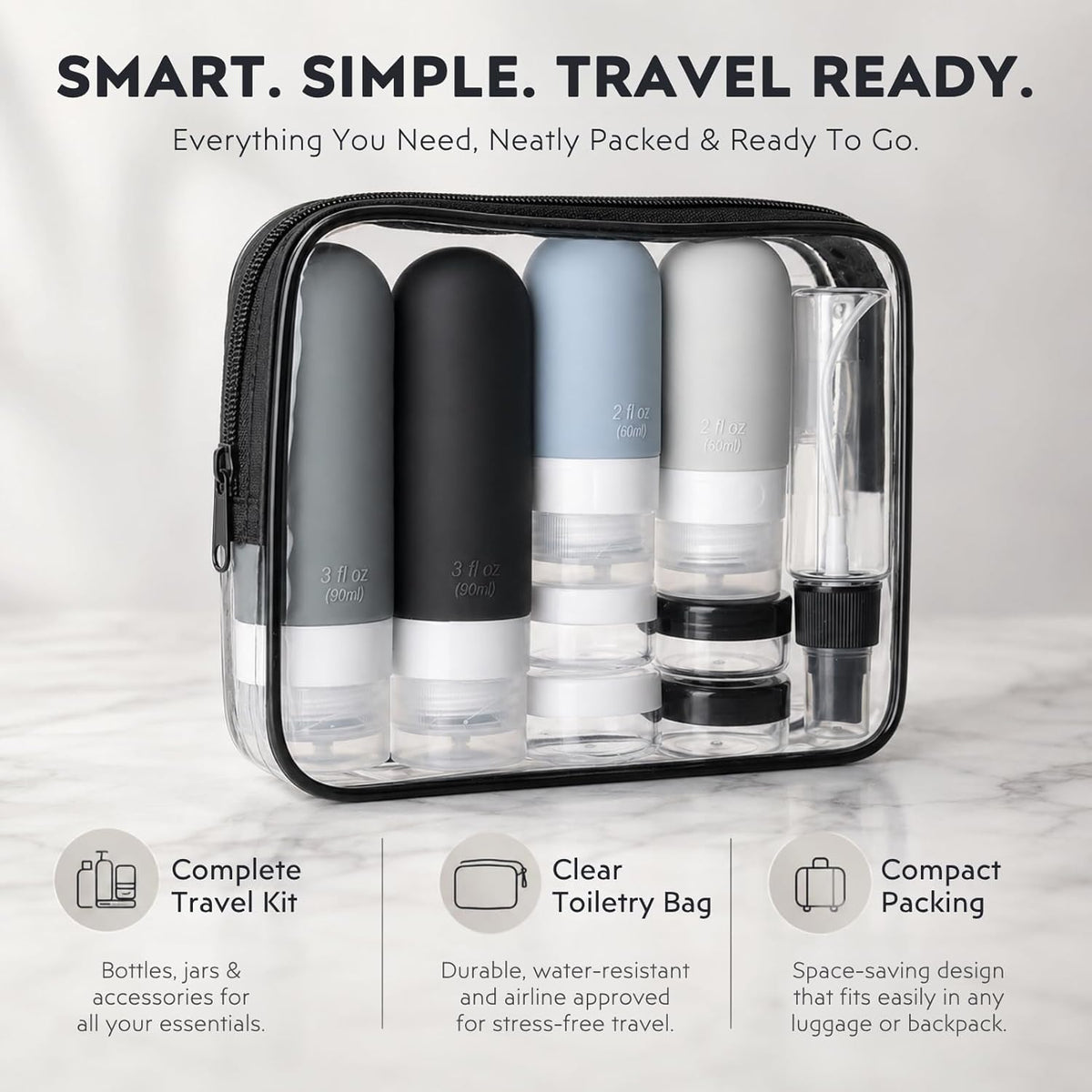 Travel Bottles for Toiletries, 16 Pack TSA Approved Leak Proof Silicone Traveling Size Liquid Containers, Refillable & Squeezable Travel Bottles for Shampoo, Lotion with Clear Bag, Black