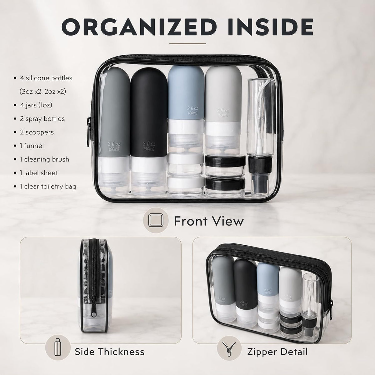 Travel Bottles for Toiletries, 16 Pack TSA Approved Leak Proof Silicone Traveling Size Liquid Containers, Refillable & Squeezable Travel Bottles for Shampoo, Lotion with Clear Bag, Black