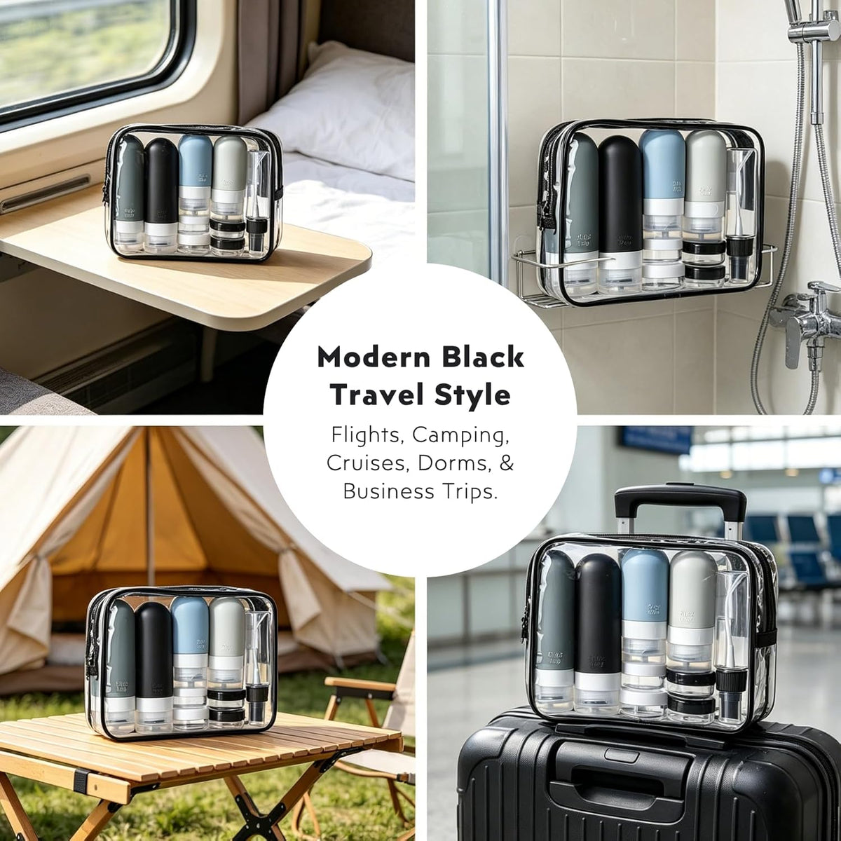 Travel Bottles for Toiletries, 16 Pack TSA Approved Leak Proof Silicone Traveling Size Liquid Containers, Refillable & Squeezable Travel Bottles for Shampoo, Lotion with Clear Bag, Black
