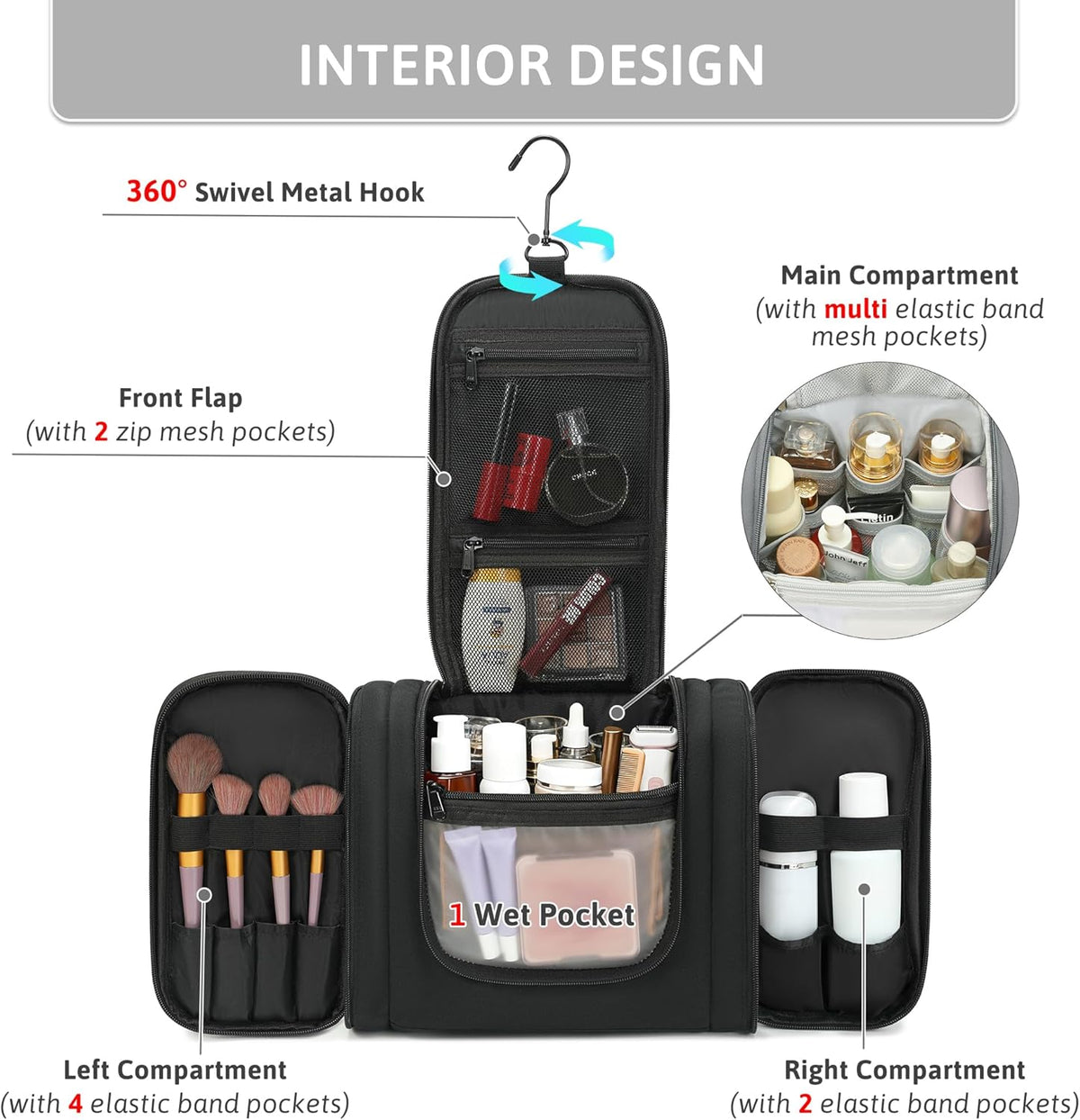Hanging Travel Toiletry Bag for Women, Large Makeup Organizer | Water Resistant Cosmetic Container, 11L Portable Travle Bag for Full-Sized Toiletries, Accessories, Essentials, Khaki Lepoard