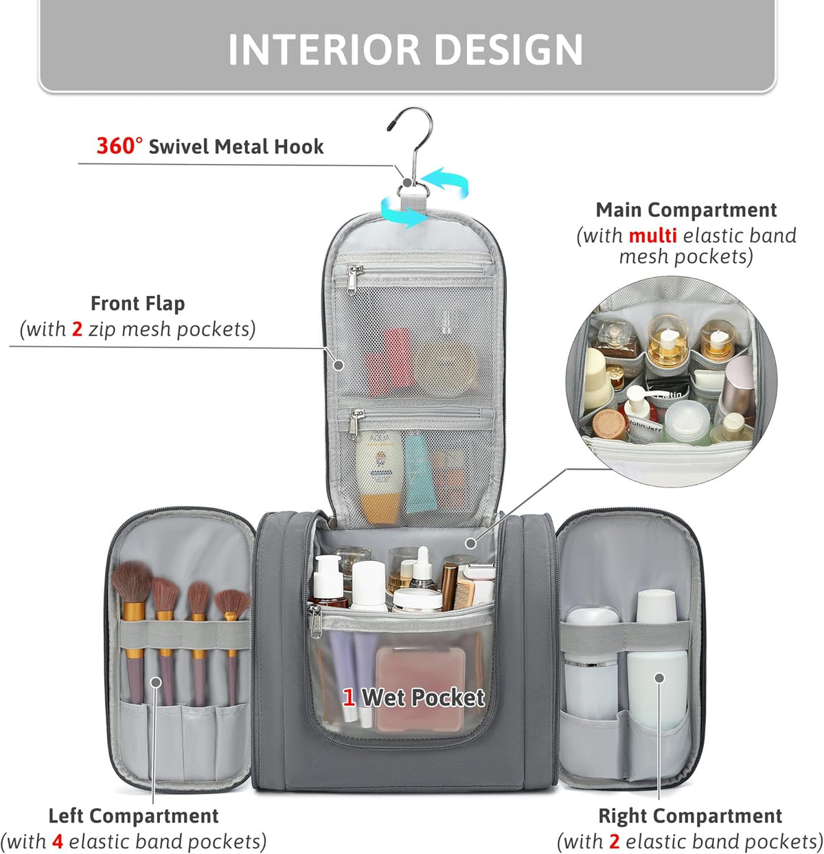 Hanging Travel Toiletry Bag for Women, Large Makeup Organizer | Water Resistant Cosmetic Container, 11L Portable Travle Bag for Full-Sized Toiletries, Accessories, Essentials, Khaki Lepoard