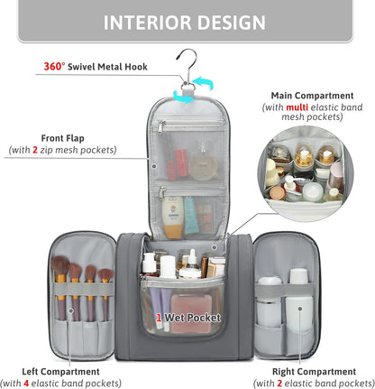 Hanging Travel Toiletry Bag for Women, Large Makeup Organizer | Water Resistant Cosmetic Container, 11L Portable Travle Bag for Full-Sized Toiletries, Accessories, Essentials, Khaki Lepoard