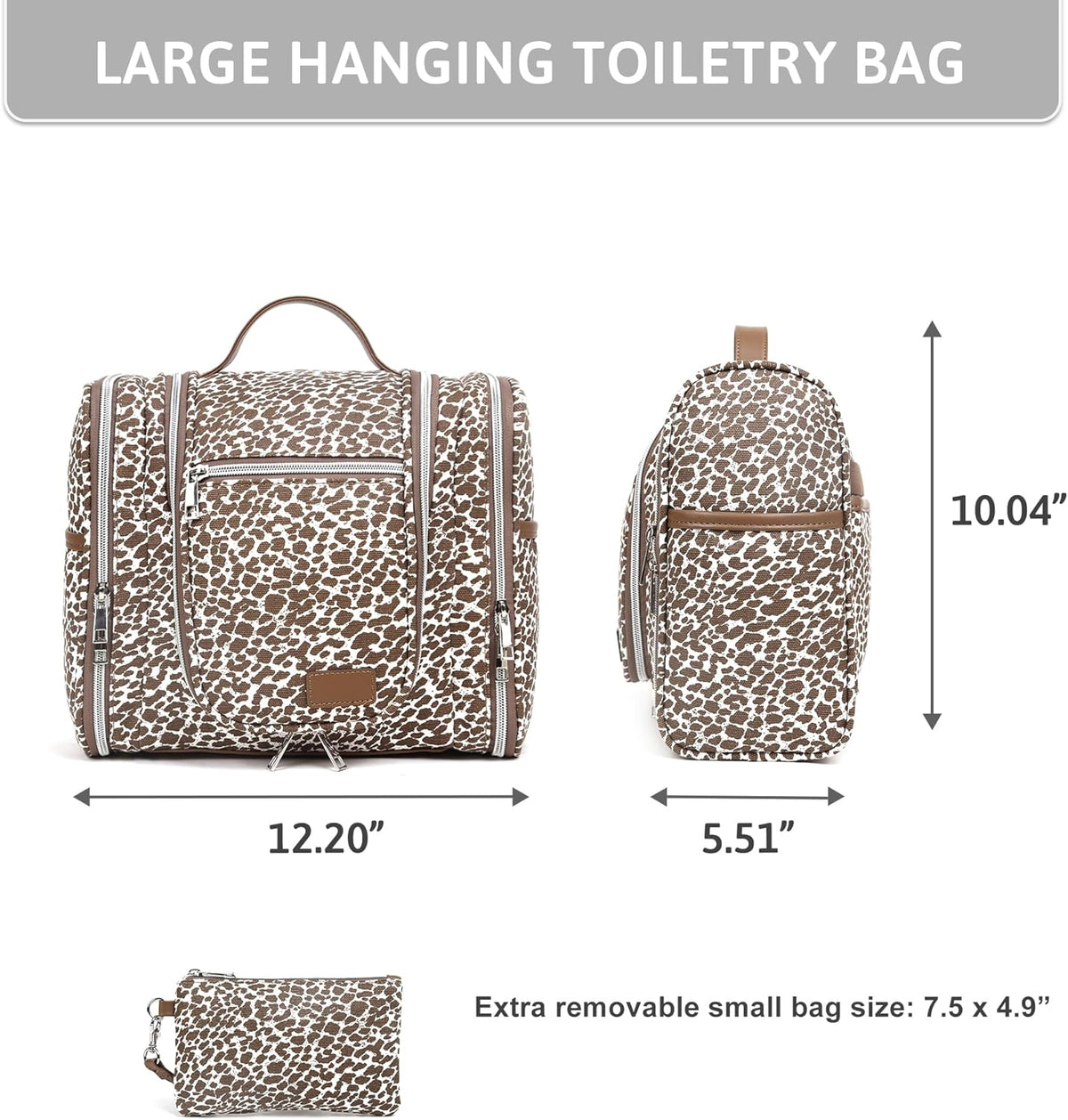 Hanging Travel Toiletry Bag for Women, Large Makeup Organizer | Water Resistant Cosmetic Container, 11L Portable Travle Bag for Full-Sized Toiletries, Accessories, Essentials, Khaki Lepoard