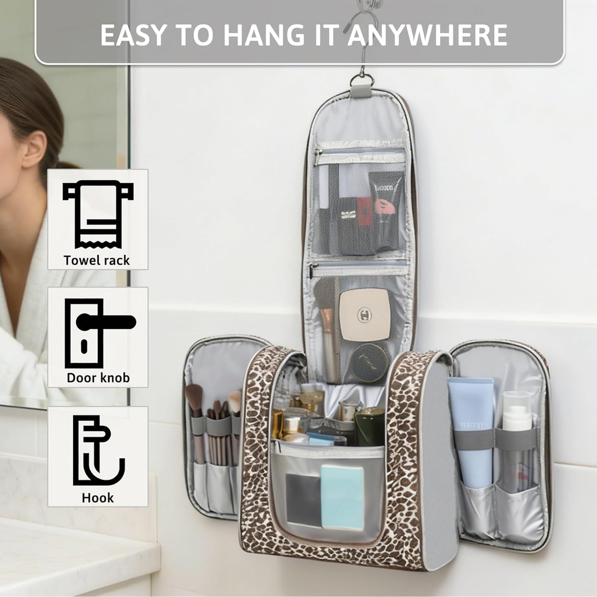 Hanging Travel Toiletry Bag for Women, Large Makeup Organizer | Water Resistant Cosmetic Container, 11L Portable Travle Bag for Full-Sized Toiletries, Accessories, Essentials, Khaki Lepoard