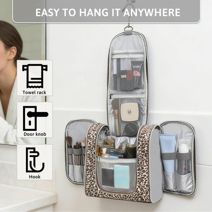 Hanging Travel Toiletry Bag for Women, Large Makeup Organizer | Water Resistant Cosmetic Container, 11L Portable Travle Bag for Full-Sized Toiletries, Accessories, Essentials, Khaki Lepoard