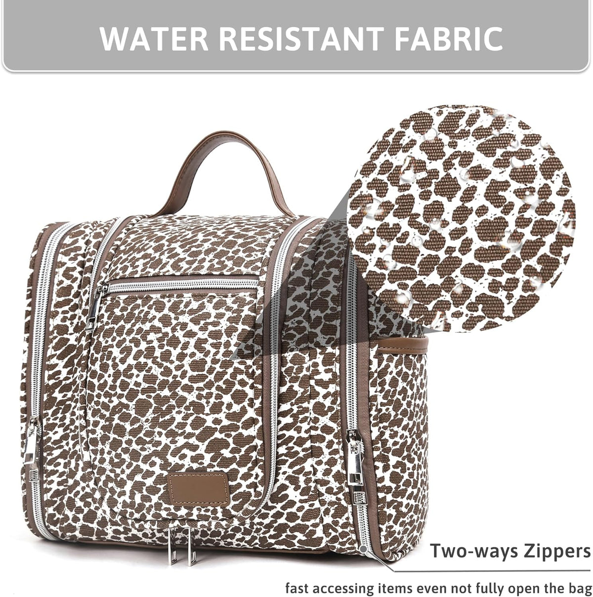 Hanging Travel Toiletry Bag for Women, Large Makeup Organizer | Water Resistant Cosmetic Container, 11L Portable Travle Bag for Full-Sized Toiletries, Accessories, Essentials, Khaki Lepoard