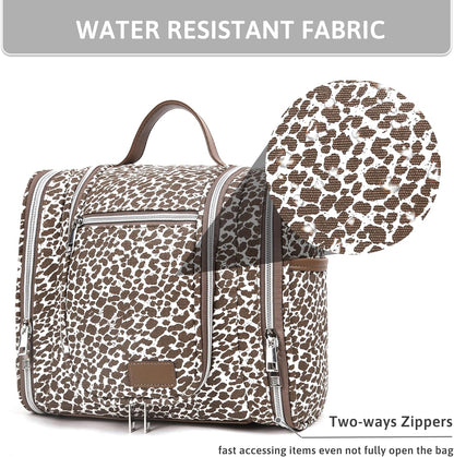 Hanging Travel Toiletry Bag for Women, Large Makeup Organizer | Water Resistant Cosmetic Container, 11L Portable Travle Bag for Full-Sized Toiletries, Accessories, Essentials, Khaki Lepoard