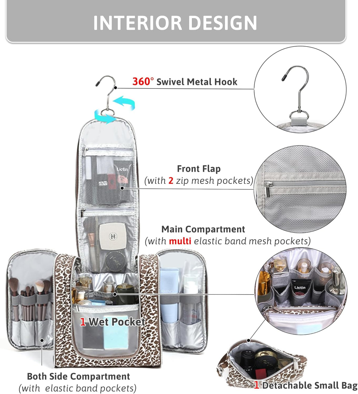 Hanging Travel Toiletry Bag for Women, Large Makeup Organizer | Water Resistant Cosmetic Container, 11L Portable Travle Bag for Full-Sized Toiletries, Accessories, Essentials, Khaki Lepoard