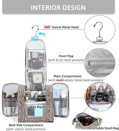 Hanging Travel Toiletry Bag for Women, Large Makeup Organizer | Water Resistant Cosmetic Container, 11L Portable Travle Bag for Full-Sized Toiletries, Accessories, Essentials, Khaki Lepoard