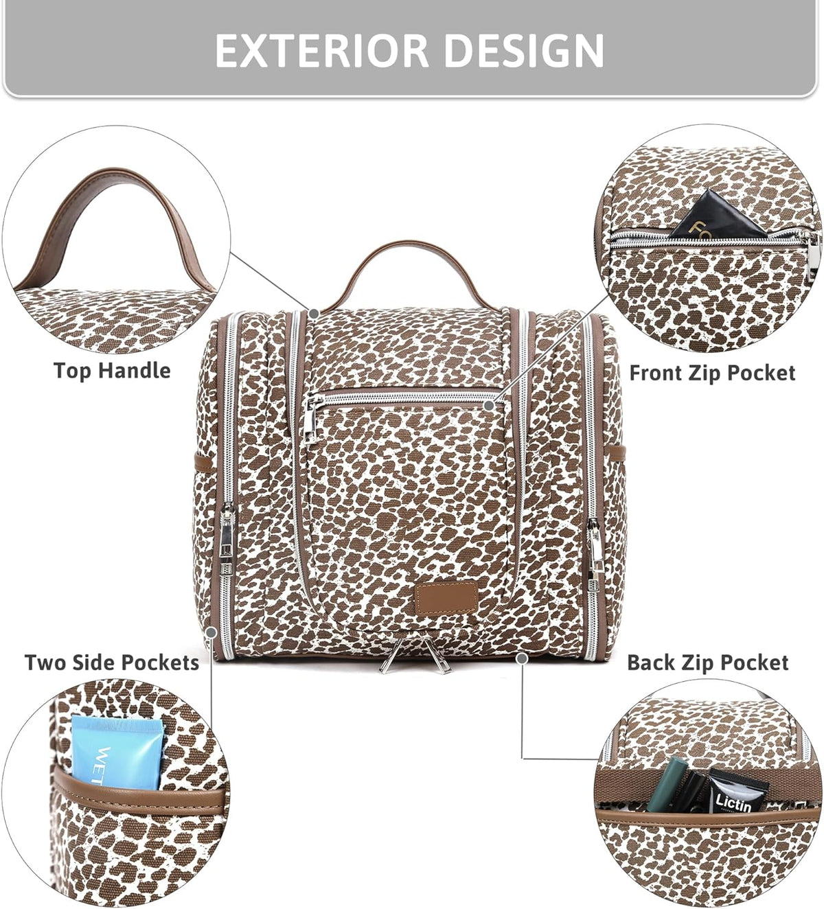 Hanging Travel Toiletry Bag for Women, Large Makeup Organizer | Water Resistant Cosmetic Container, 11L Portable Travle Bag for Full-Sized Toiletries, Accessories, Essentials, Khaki Lepoard