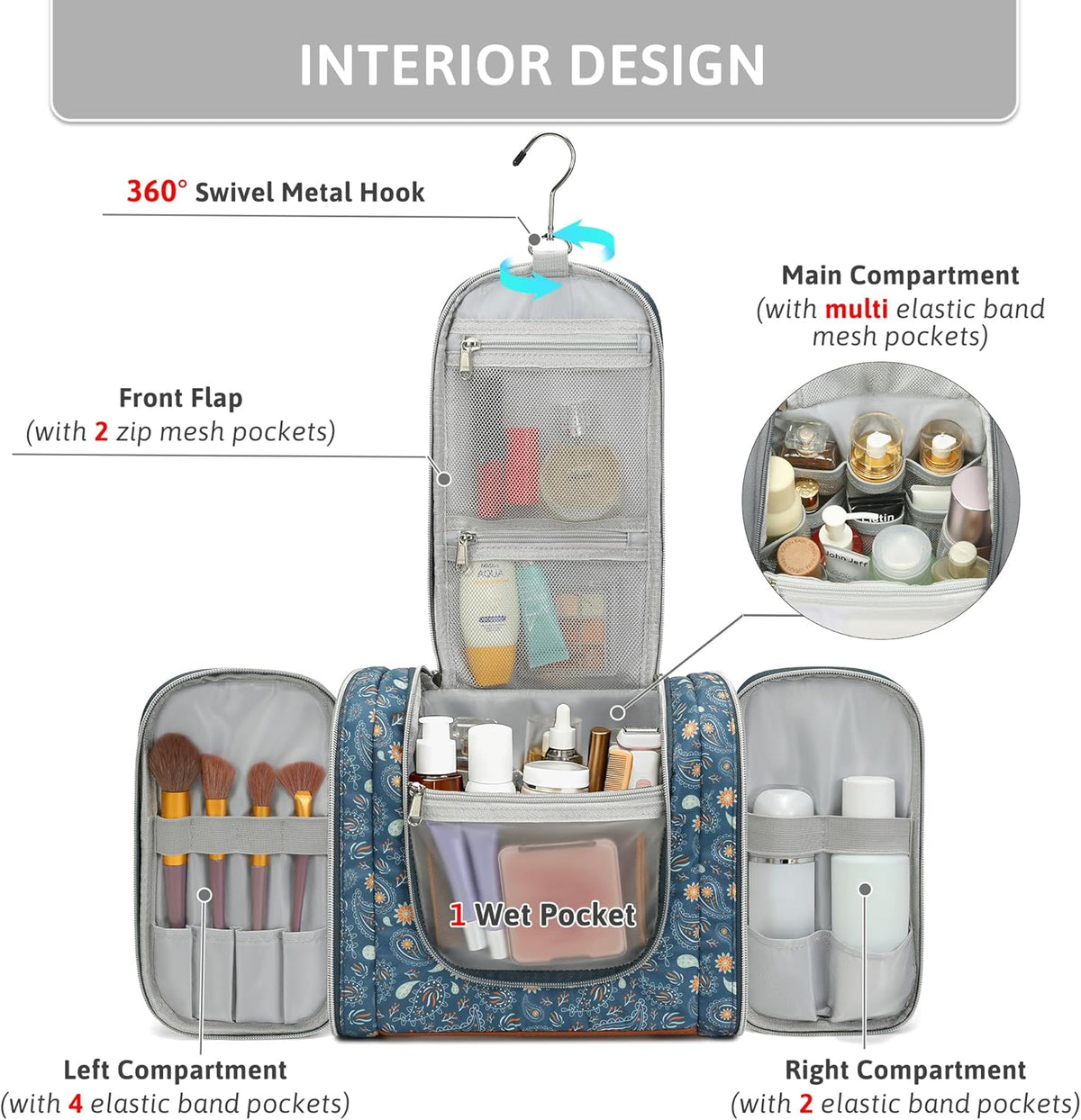 Hanging Travel Toiletry Bag for Women, Large Makeup Organizer | Water Resistant Cosmetic Container, 11L Portable Travle Bag for Full-Sized Toiletries, Accessories, Essentials, Khaki Lepoard