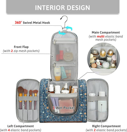 Hanging Travel Toiletry Bag for Women, Large Makeup Organizer | Water Resistant Cosmetic Container, 11L Portable Travle Bag for Full-Sized Toiletries, Accessories, Essentials, Khaki Lepoard