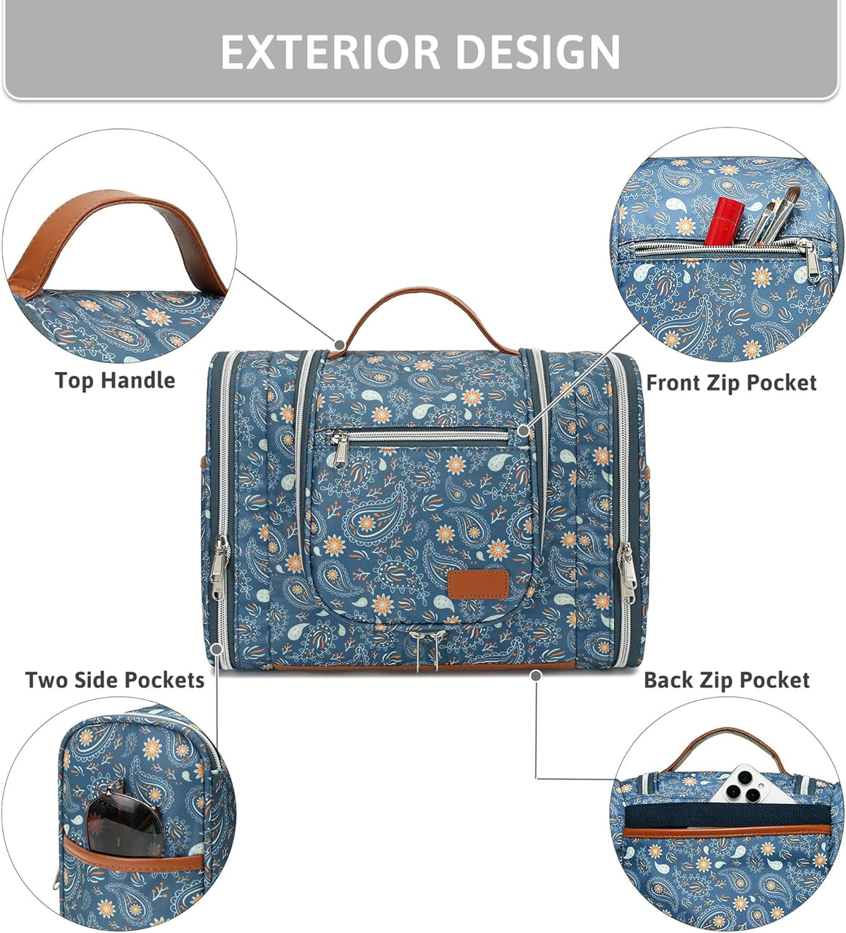 Hanging Travel Toiletry Bag for Women, Large Makeup Organizer | Water Resistant Cosmetic Container, 11L Portable Travle Bag for Full-Sized Toiletries, Accessories, Essentials, Khaki Lepoard