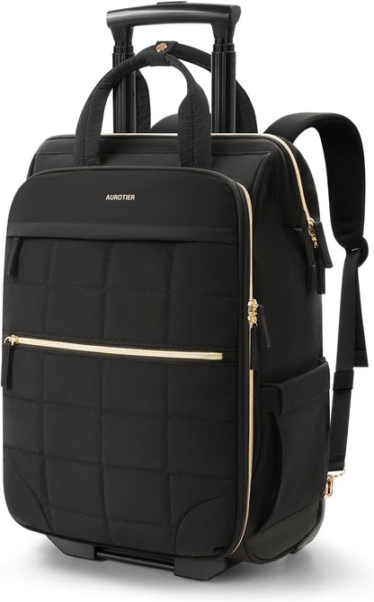 Rolling Puffer Backpack for Women, Wheeled Laptop Backpack, Short-Term Travel Backpack with Wheels, Roller Adults Work Computer Bag, Water Resistant Overnight College Underseat Carry on Luggage, Black