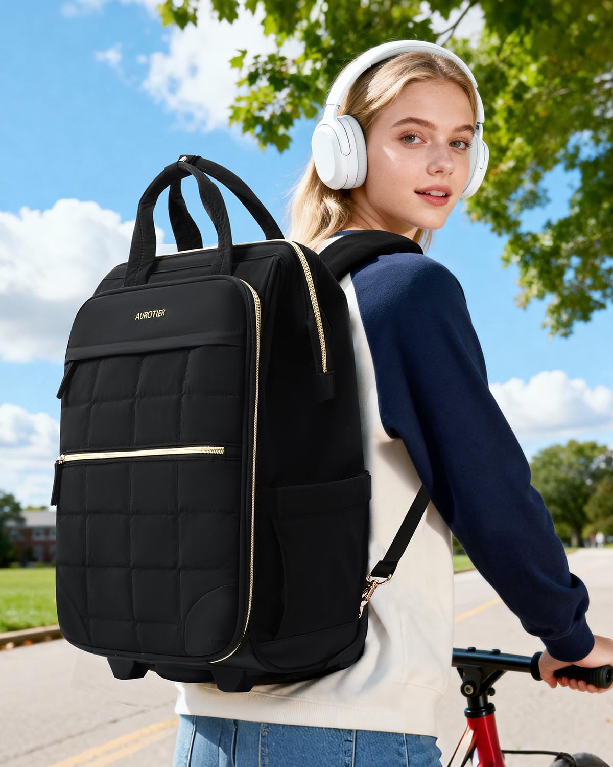 Rolling Puffer Backpack for Women, Wheeled Laptop Backpack, Short-Term Travel Backpack with Wheels, Roller Adults Work Computer Bag, Water Resistant Overnight College Underseat Carry on Luggage, Black