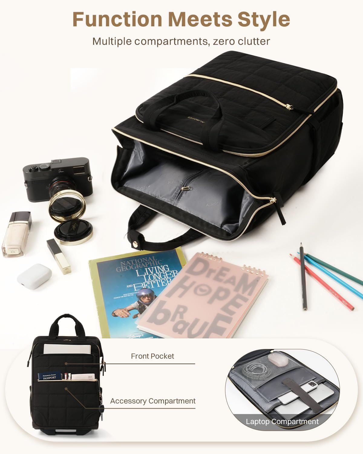 Rolling Puffer Backpack for Women, Wheeled Laptop Backpack, Short-Term Travel Backpack with Wheels, Roller Adults Work Computer Bag, Water Resistant Overnight College Underseat Carry on Luggage, Black