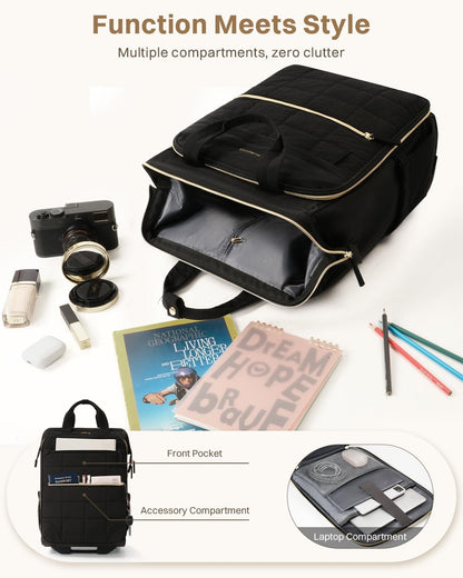 Rolling Puffer Backpack for Women, Wheeled Laptop Backpack, Short-Term Travel Backpack with Wheels, Roller Adults Work Computer Bag, Water Resistant Overnight College Underseat Carry on Luggage, Black