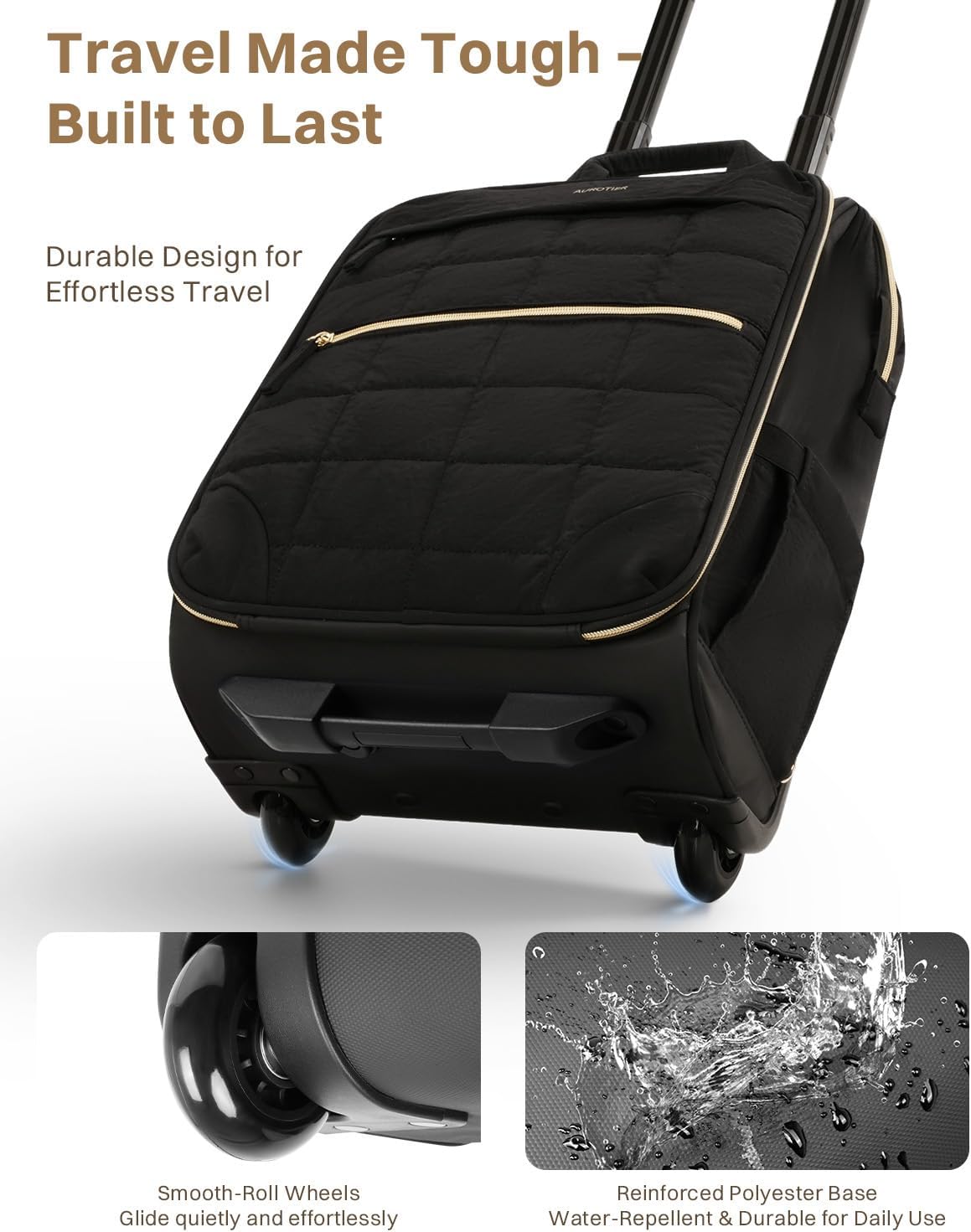 Rolling Puffer Backpack for Women, Wheeled Laptop Backpack, Short-Term Travel Backpack with Wheels, Roller Adults Work Computer Bag, Water Resistant Overnight College Underseat Carry on Luggage, Black
