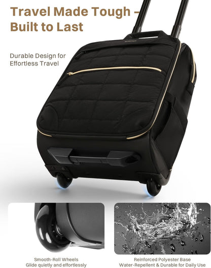 Rolling Puffer Backpack for Women, Wheeled Laptop Backpack, Short-Term Travel Backpack with Wheels, Roller Adults Work Computer Bag, Water Resistant Overnight College Underseat Carry on Luggage, Black