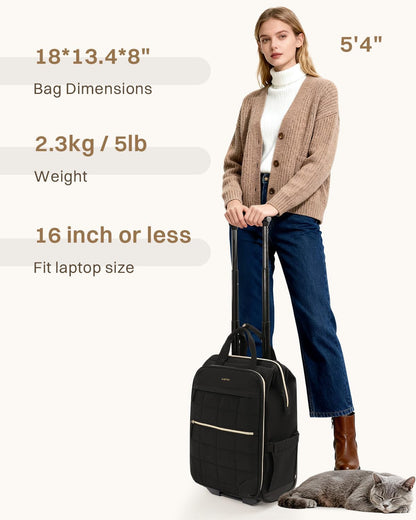 Rolling Puffer Backpack for Women, Wheeled Laptop Backpack, Short-Term Travel Backpack with Wheels, Roller Adults Work Computer Bag, Water Resistant Overnight College Underseat Carry on Luggage, Black